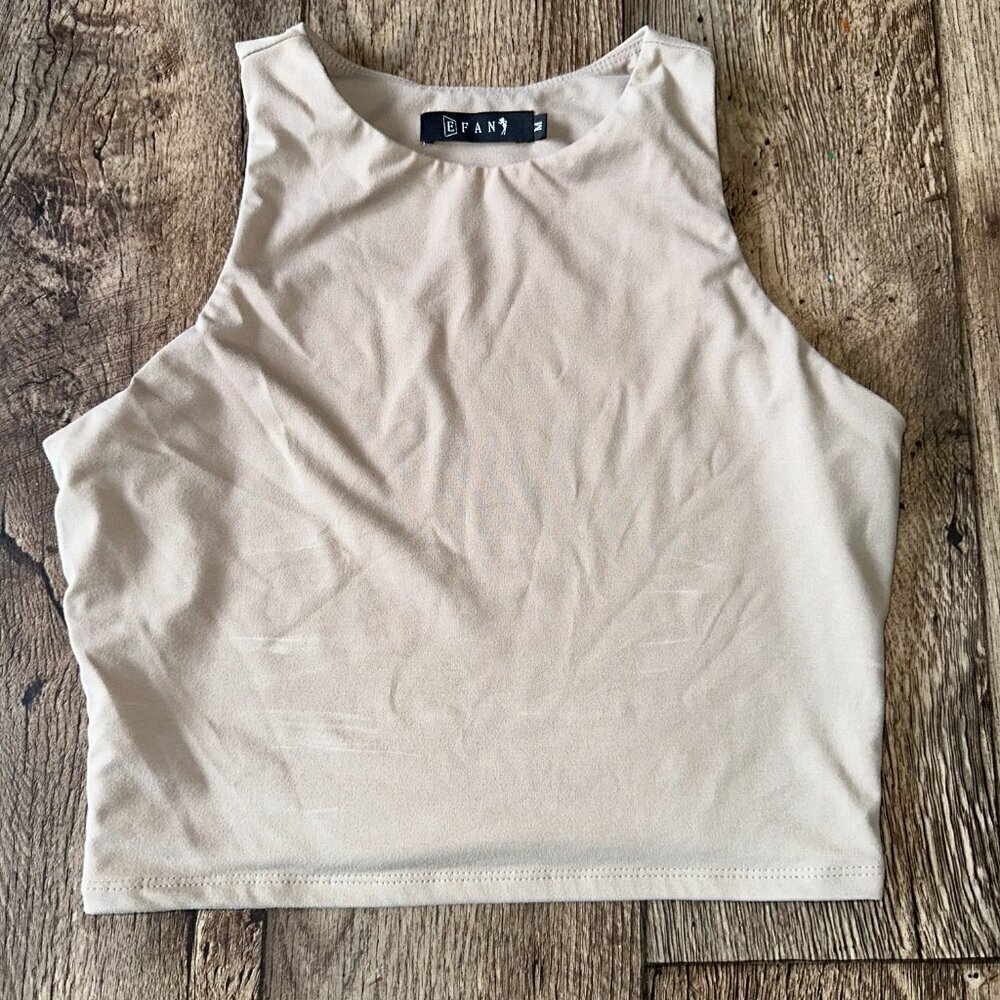 E FAN Medium Women's Taupe Tank Top Buttery Soft High Neck Cropped - Picture 5 of 12